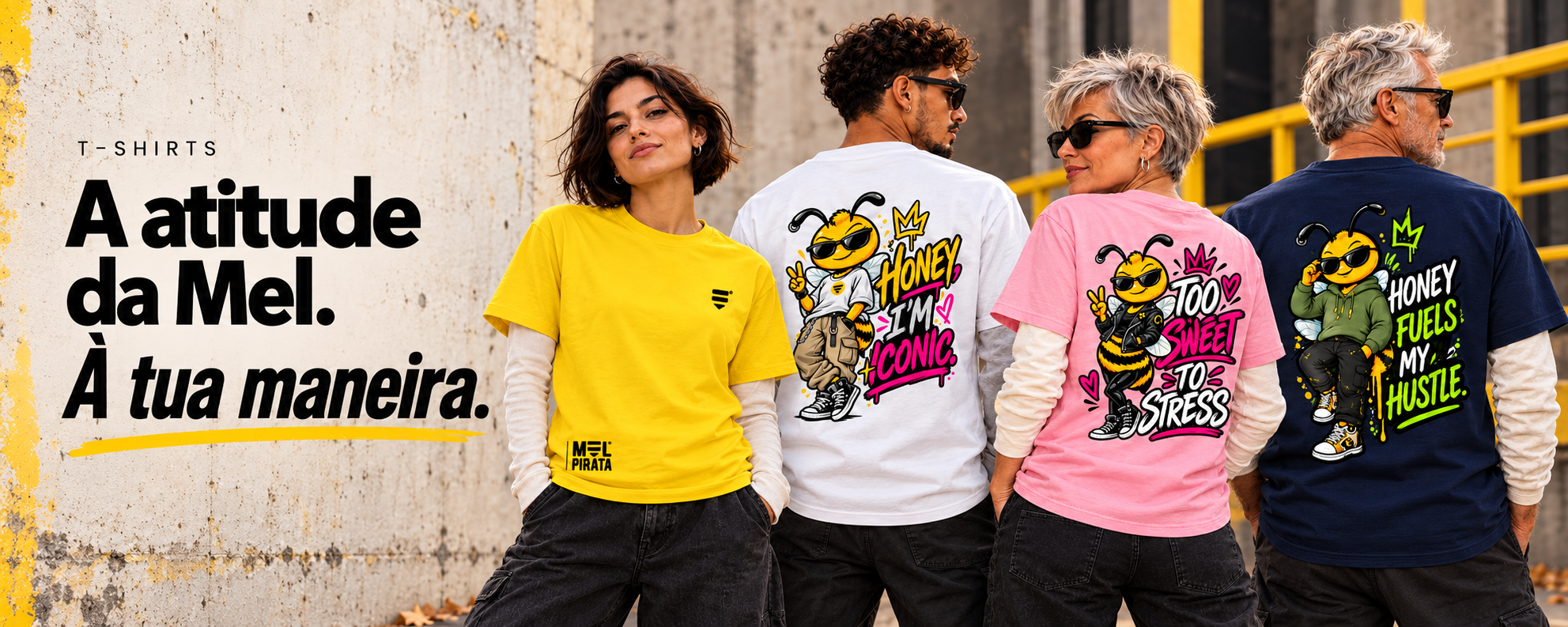 Adultos de várias idades com t-shirts Mel Pirata. A atitude da Mel. À tua maneira.