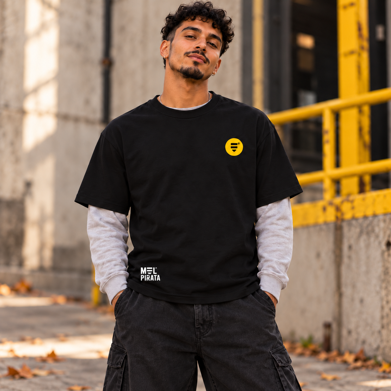 Modelo com t-shirt preta Mel Pirata Powered by Honey, vista de frente, em ambiente urbano.