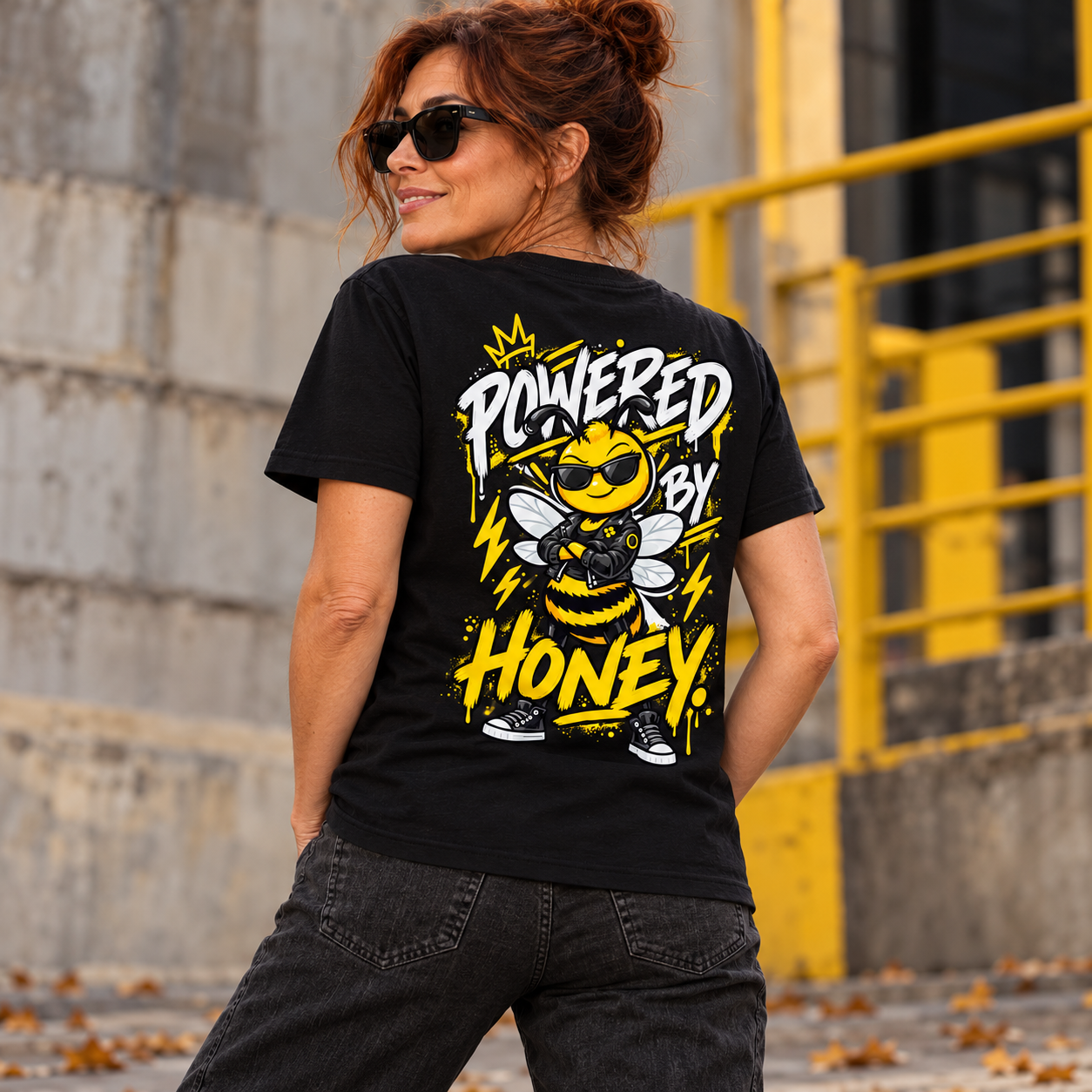 T-shirt preta Mel Pirata com desenho da abelha Mel e frase Powered by Honey