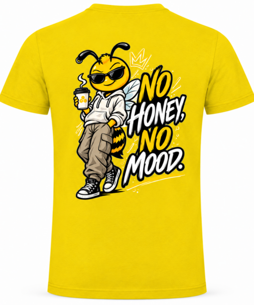 Costas da t-shirt amarela Mel Pirata com desenho da abelha Mel e frase No Honey No Mood.