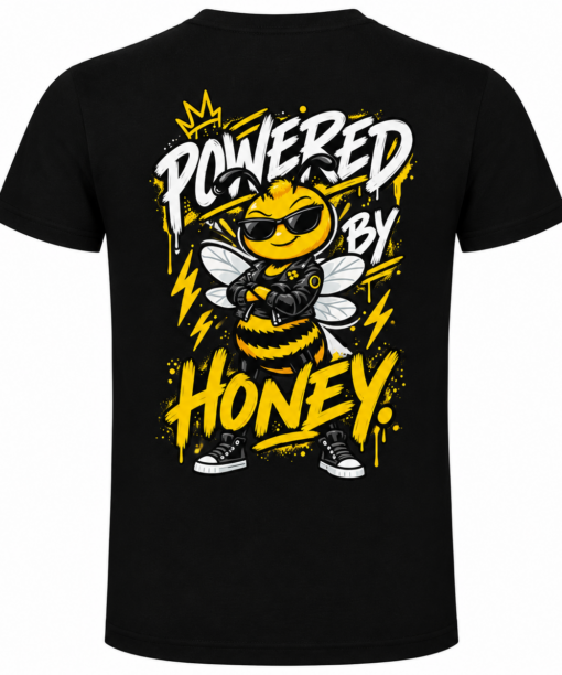 Costas da t-shirt preta Mel Pirata com desenho da abelha Costas da t-shirt preta Mel Pirata com desenho da abelha Mel e frase Powered by Honey.