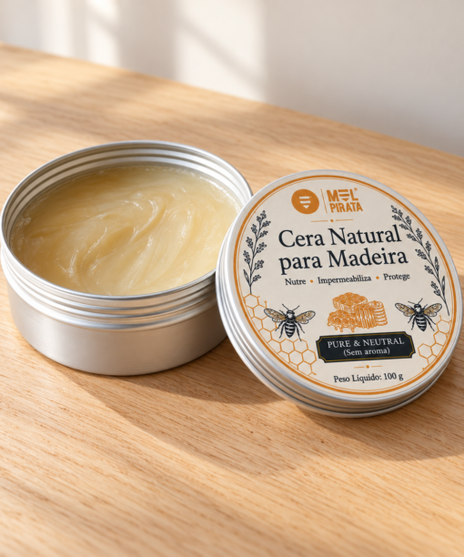 Lata aberta de Cera Natural para Madeira Mel Pirata, com tampa ao lado, junto de uma tábua de cozinha e de um pano.