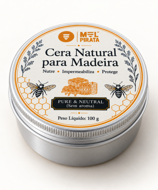 Lata de Cera Natural para Madeira Mel Pirata, de 100 g, com o rótulo visível.