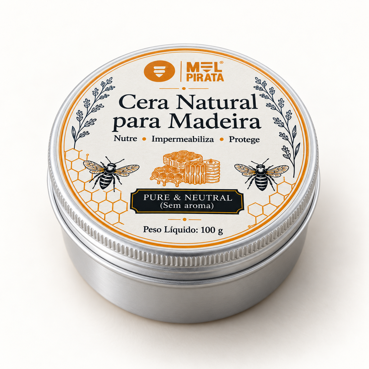 Lata de Cera Natural para Madeira Mel Pirata, de 100 g, com o rótulo visível.